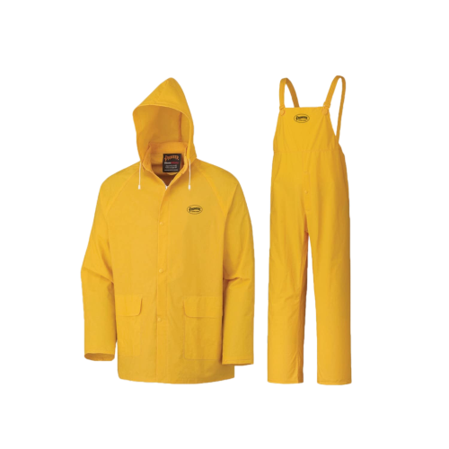 Pioneer Waterproof PVC Work Suit for Men – Repel Rain Gear Yellow Safety Jacket and Bib Pants - 3 PC Set With Detectable Hood
