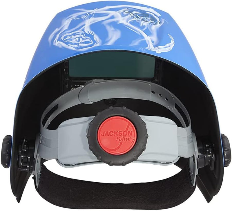 Jackson Safety Premium Auto Darkening Welding Helmet 3/10 Shade Range, 1/1/1/1 Optical Clarity, 1/20,000 sec. Response Time, 370 Speed Dial Headgear, Reapers N' Roses Graphics, Blue/White, 47104 SUREWERX