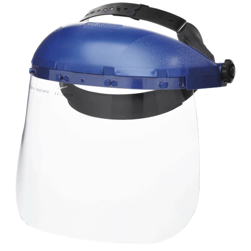 Sellstrom Single Crown Safety Face Shield with Ratchet Headgear, Clear Tint, Uncoated, Blue, 8" x 12" x .040, S39110