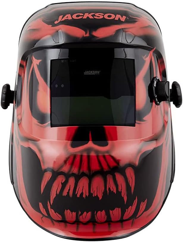 Jackson Safety Premium Auto Darkening Welding Helmet with 4/9-13 Shade Range, 1/1/1/2 Optical Clarity, 1/25,000 sec. Response Time, 370 Speed Dial Headgear, Bead Demon Graphics, Red/Black, 47105 SUREWERX