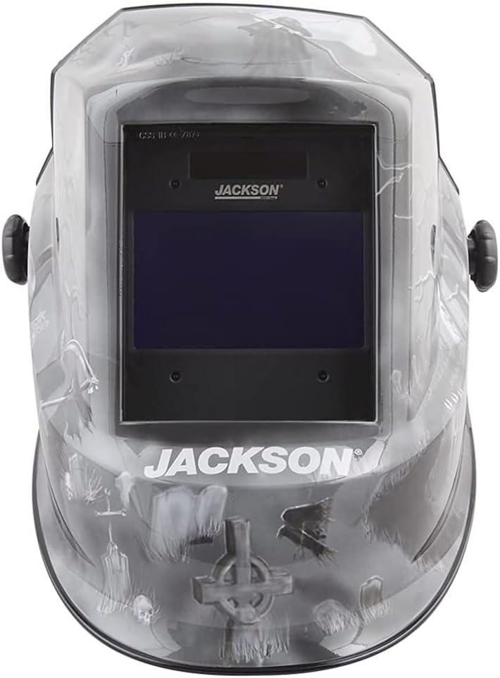 Jackson Safety Premium Auto Darkening Welding Helmet 3/10 Shade Range, 1/1/1/1 Optical Clarity, 1/25,000 sec. Response Time, 370 Speed Dial Headgear, 6 Feet Under Graphics, Black/Grey/White, 47100 SUREWERX