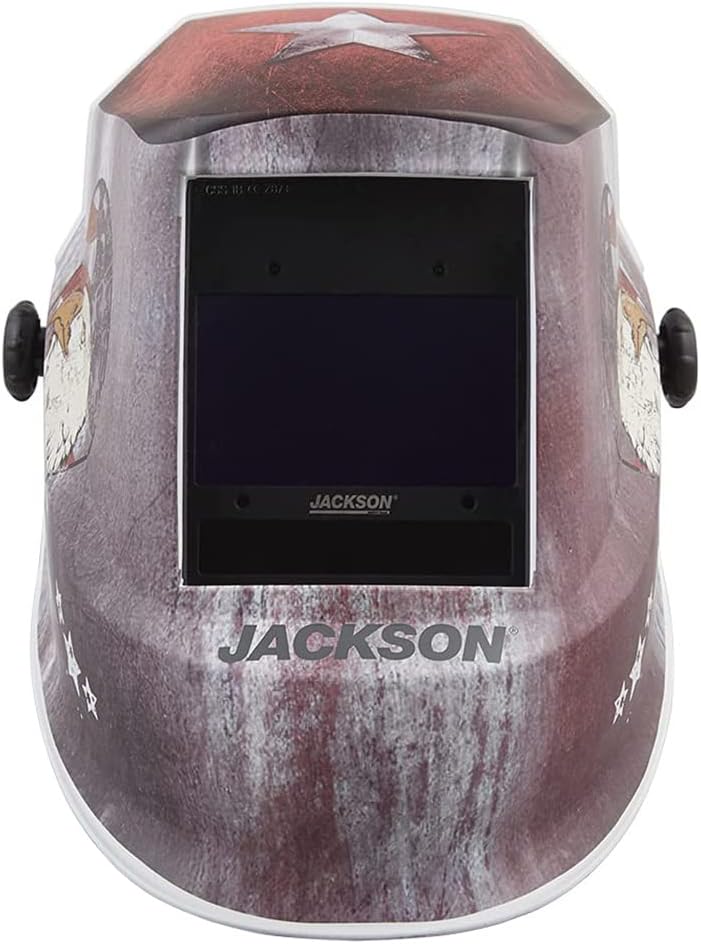 Jackson Safety Premium Auto Darkening Welding Helmet 4/5-13 Shade Range, 1/1/1/1 Optical Clarity, 1/25,000 sec. Response Time, 370 Speed Dial Headgear, Freedom Graphics, Red/White/Blue, 47103 SUREWERX