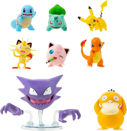 Pokemon Battle Figure 8-Pack - Comes with 2” Pikachu, 2” Bulbasaur, 2” Squirtle, 2” Charmander, 2” Meowth, 2" Jigglypuff, 3” Loudred, and 3” Psyduck Pokemon