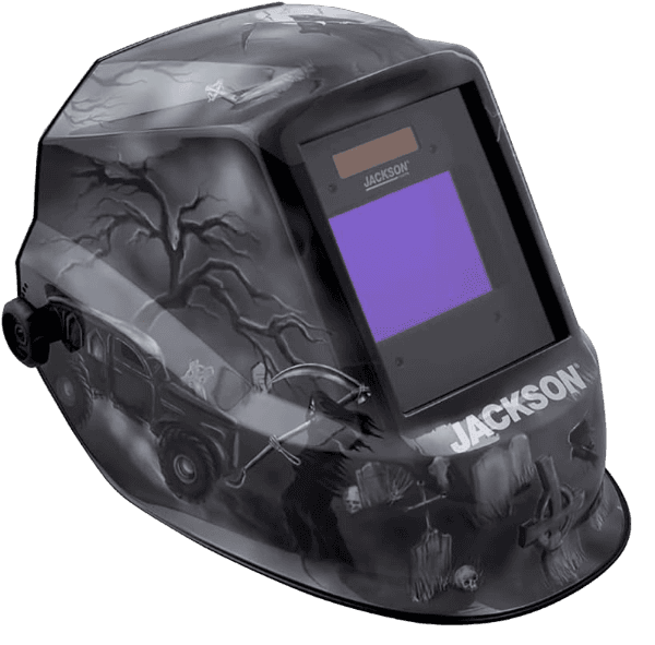 Jackson Safety Premium Auto Darkening Welding Helmet 3/10 Shade Range, 1/1/1/1 Optical Clarity, 1/25,000 sec. Response Time, 370 Speed Dial Headgear, 6 Feet Under Graphics, Black/Grey/White, 47100 SUREWERX