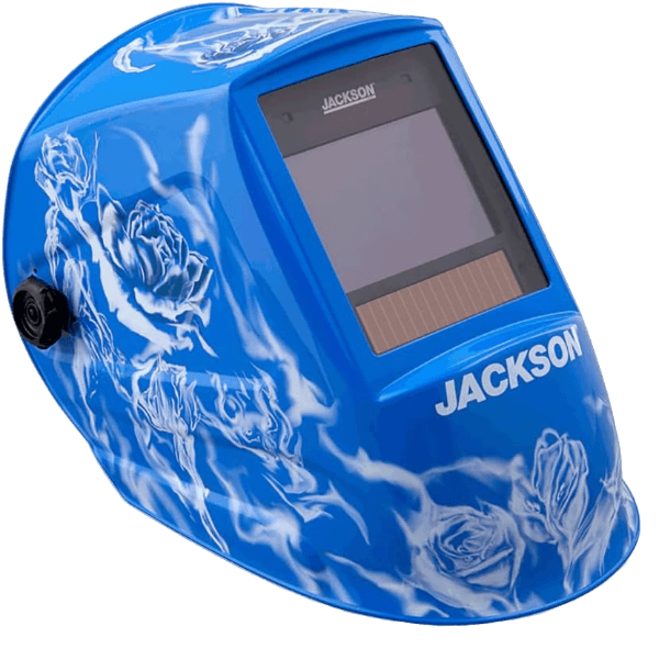 Jackson Safety Premium Auto Darkening Welding Helmet 3/10 Shade Range, 1/1/1/1 Optical Clarity, 1/20,000 sec. Response Time, 370 Speed Dial Headgear, Reapers N' Roses Graphics, Blue/White, 47104 SUREWERX